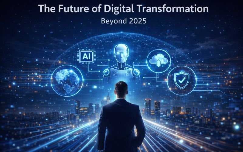 Visual representation of the future of digital transformation beyond 2025, showing AI, cloud technology, cybersecurity, and global digital connectivity shaping business innovation