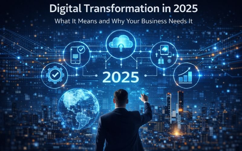 Digital transformation in 2025 showing how businesses adopt cloud technology, data analytics, and automation to drive growth and innovation