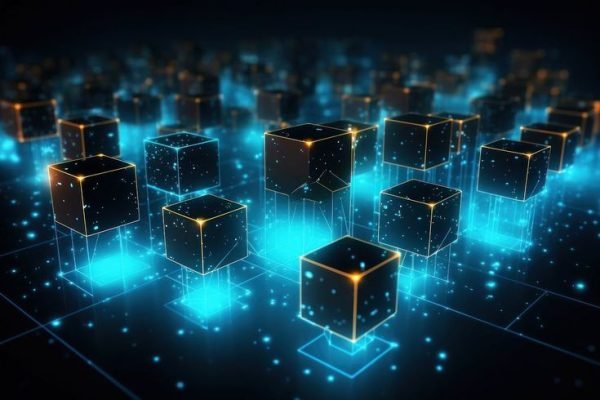 Blockchain technology illuminated backgrounds. AI generated Image by rawpixel.